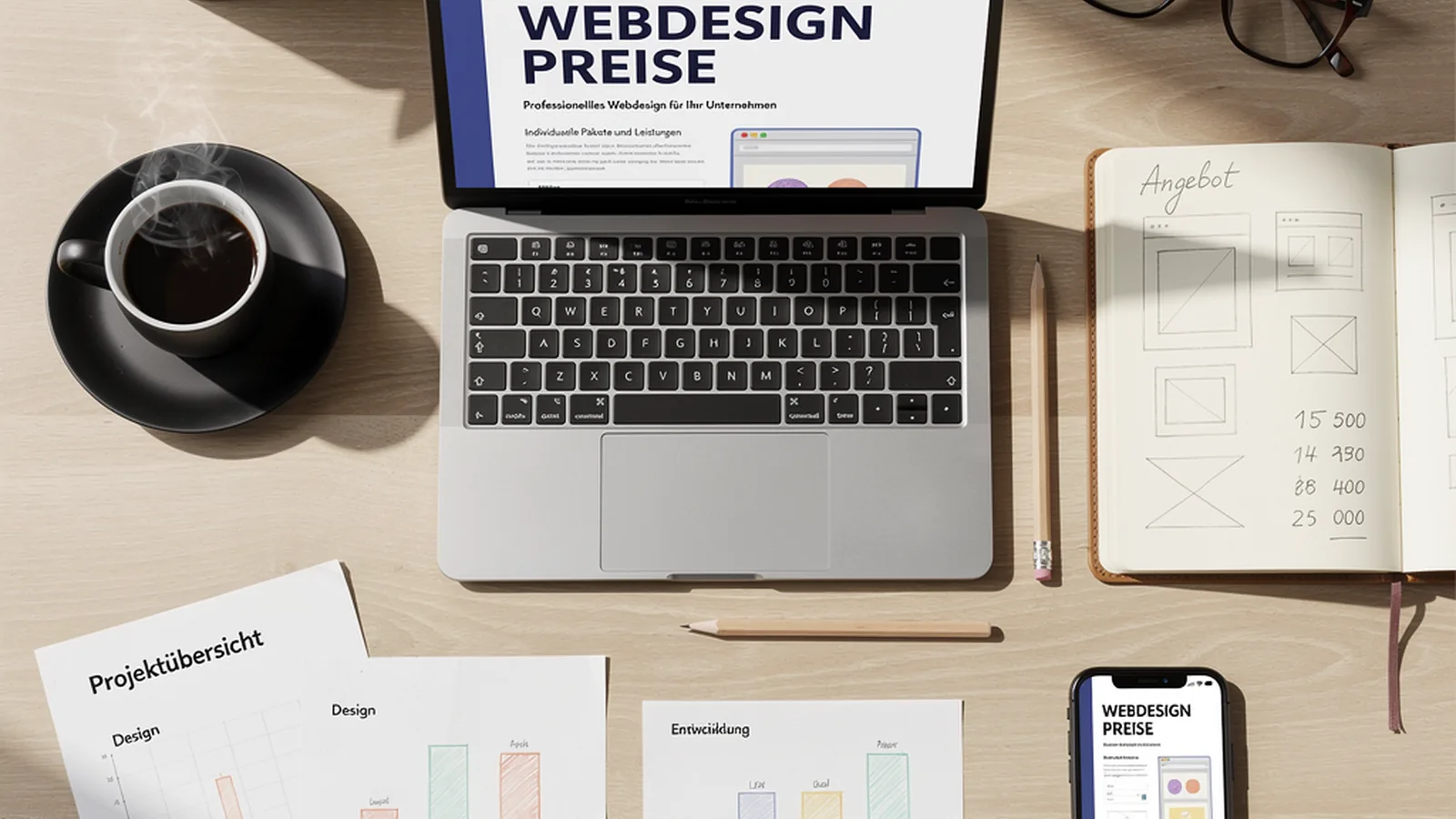 Webdesign Kosten 2026 — Schreibtisch mit Laptop, Notizblock und Kaffee, flat lay von oben